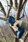 A person wearing safety equipment trims a tree branch using a cordless pruner.