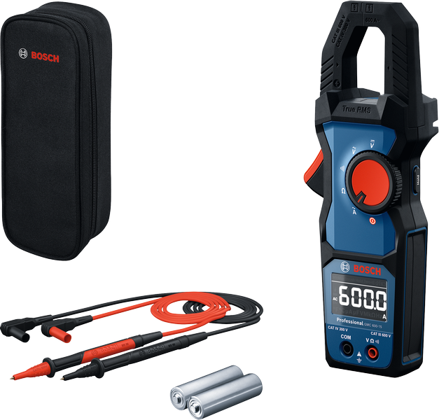Bosch digital clamp meter kit with leads, case, and AA batteries.