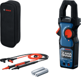 Bosch digital clamp meter kit with leads, case, and AA batteries.