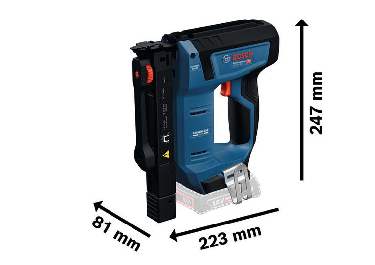 Bosch GTH 18V-14 cordless wood stapler with size dimensions.