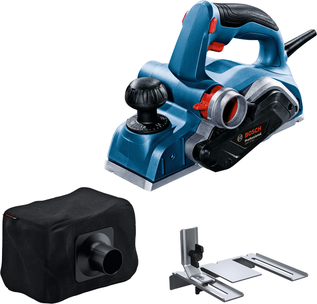 Bosch GHO 20-82 planer with dust bag and guide.