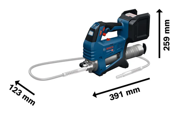 Bosch GFP 18V-10 cordless grease gun with dimensions shown.