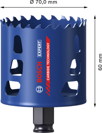 Bosch EXPERT Multi Material 70 mm hole saw with carbide teeth.
