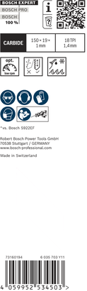Bosch EXPERT Thin Tough Metal S 922 EHM reciprocating saw blade.