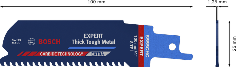EXPERT ‘Thick Tough Metal’ S 555 CHC Reciprocating Saw Blade 1-pc Bosch EXPERT Thick Tough Metal S 555 CHC saw blade for cutting thick metal.