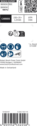 EXPERT ‘Thick Tough Metal’ S 955 CHC Reciprocating Saw Blade 1-pc Bosch EXPERT Thick Tough Metal S 955 CHC Reciprocating Saw Blade 150mm 8TPI.