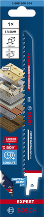 EXPERT Wood with Metal S715LHM Reciprocating Saw Blade 1-pc Bosch EXPERT Wood with Metal S715LHM saw blade for long life cutting.
