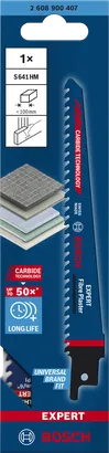 Bosch EXPERT Fiber Plaster S 641 HM reciprocating saw blade for long life cutting in fiber and plaster materials.