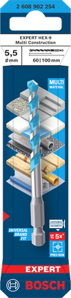 Bosch EXPERT HEX-9 Multi Construction Drill Bit 5.5mm for various materials.