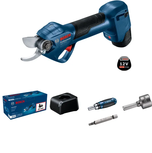Cordless electric pruning shear kit with charger, battery, bits and packaging.