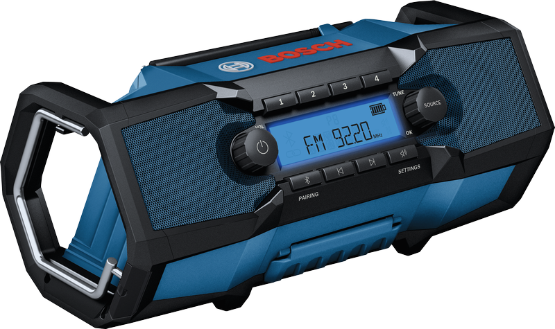 Bosch GPB18V-3C jobsite radio with digital display.