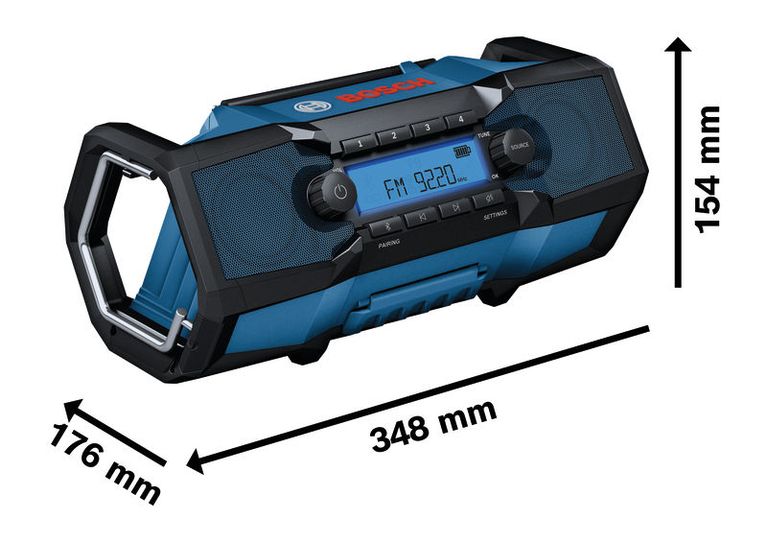 Bosch GPB18V-3C radio with dimensions displayed.