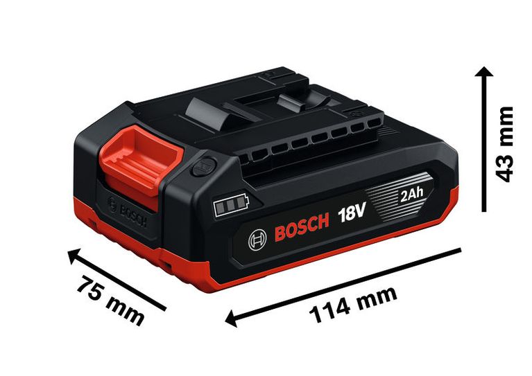 Bosch GBA 18V 2Ah battery pack with dimensions.