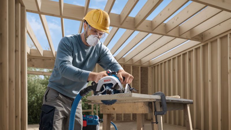A person wearing safety equipment cuts wood with a cordless circular saw at a construction site.