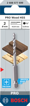 Bosch PRO Wood HSS 2 mm brad point drill bit for precise wood drilling.