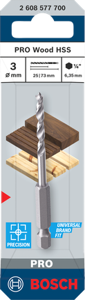 Bosch PRO Wood HSS 3mm brad point drill bit for precise wood drilling.