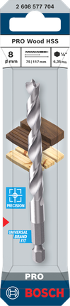 Bosch PRO Wood HSS 8 mm brad point drill bit for precise wood drilling.