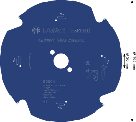 EXPERT Fibre Cement Circular Saw Blade, 165 x 2.2/1.6 x 20 mm, T4 Bosch EXPERT Fibre Cement Circular Saw Blade 165mm 4 teeth.