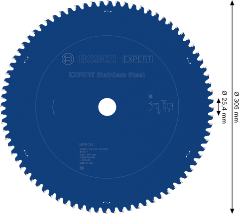 EXPERT Stainless Steel Circular Saw Blade, 305 x 2.5/2.2 x 25.4 mm, T80 Bosch EXPERT Stainless Steel Circular Saw Blade, 80 teeth.