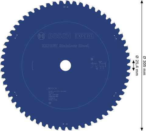 EXPERT Stainless Steel Circular Saw Blade, 305 x 2.5/2.2 x 25.4 mm, T60 Bosch EXPERT Stainless Steel circular saw blade, 305mm 60 teeth.