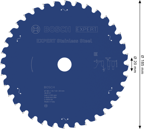 EXPERT Stainless Steel Circular Saw Blade, 185 x 1.9/1.6 x 20 mm, T36 Bosch EXPERT Stainless Steel Circular Saw Blade 185 mm.