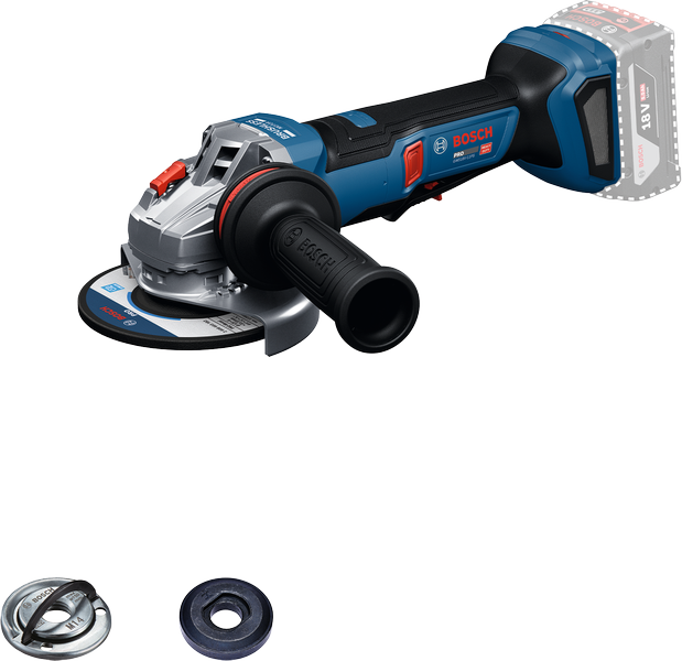 Bosch GWS18V-11PS cordless angle grinder with accessories.