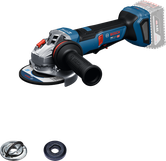 Bosch GWS18V-11PS cordless angle grinder with accessories.