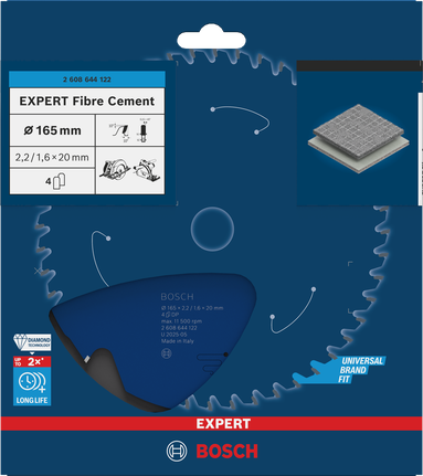 EXPERT Fibre Cement Circular Saw Blade, 165 x 2.2/1.6 x 20 mm, T4 Bosch EXPERT Fibre Cement circular saw blade 165 mm.