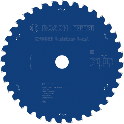 EXPERT Stainless Steel Circular Saw Blade, 185 x 1.9/1.6 x 20 mm, T36 Bosch EXPERT Stainless Steel circular saw blade, 36 teeth.