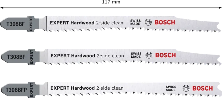 EXPERT Hardwood 2-side clean Set Bosch EXPERT Hardwood 2-side clean jigsaw blade set, 3 pieces.