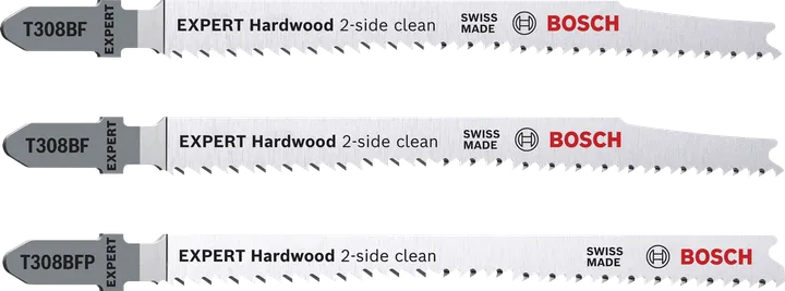 EXPERT Hardwood 2-side clean Set Bosch EXPERT Hardwood 2-side clean jigsaw blade set, 3 pieces.