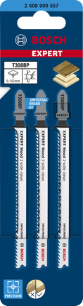 EXPERT Wood 2-side clean T308BP Jigsaw Blade, 3 pcs Bosch EXPERT Wood 2-side clean T308BP jigsaw blades, 3-pack.