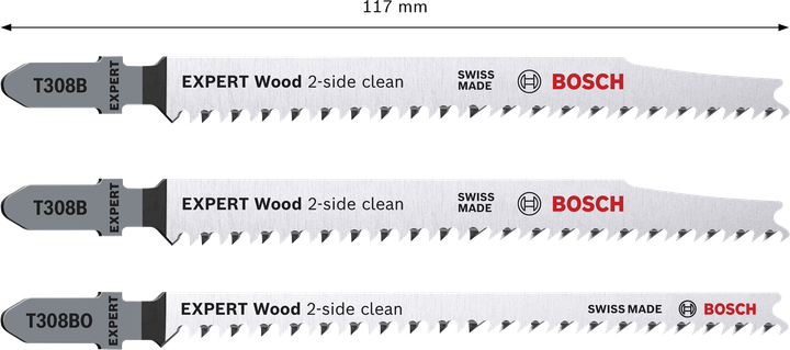 Bosch EXPERT Wood 2-side clean jigsaw blade set, 3 pieces.