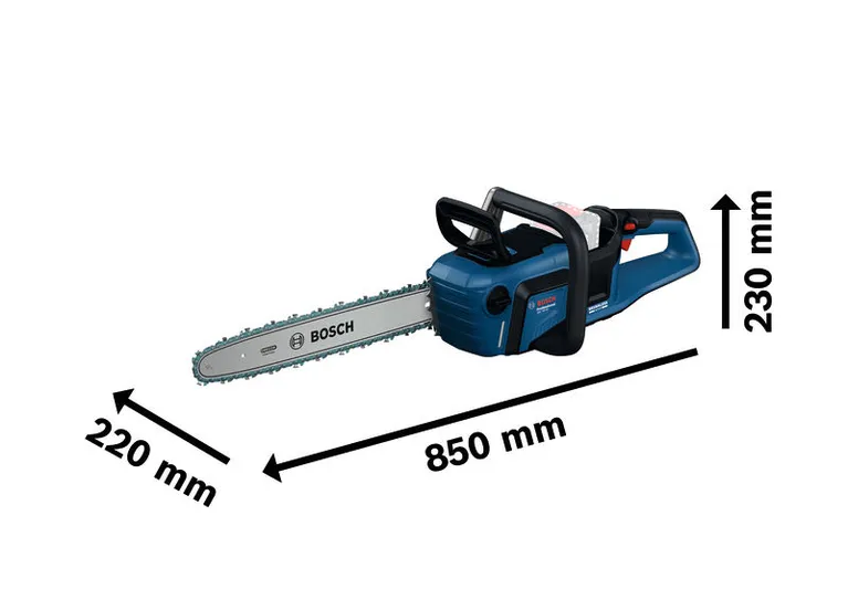 Bosch GKE 18V-40 chainsaw with dimensions shown.