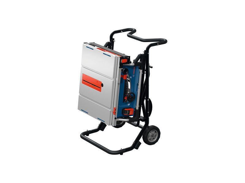 Bosch GTA50W saw stand with table saw in transport mode.