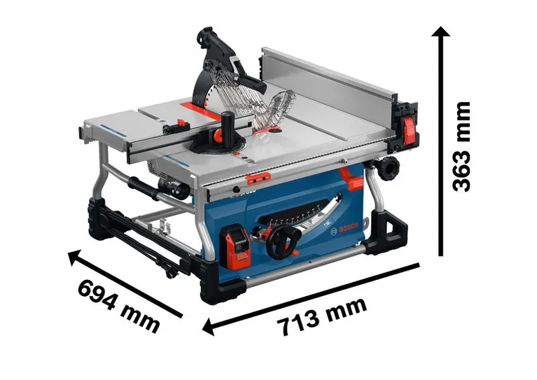 Bosch GTS100-254 table saw with dimensions shown.