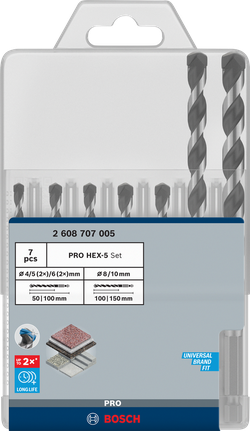 Bosch PRO HEX-5 drill bit set 7 pcs assorted sizes.