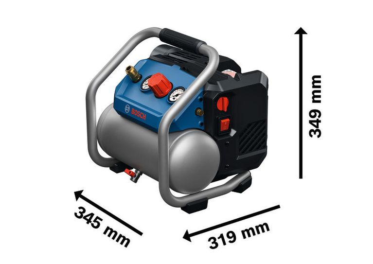 Bosch GKO18V-51 cordless air compressor with size dimensions.