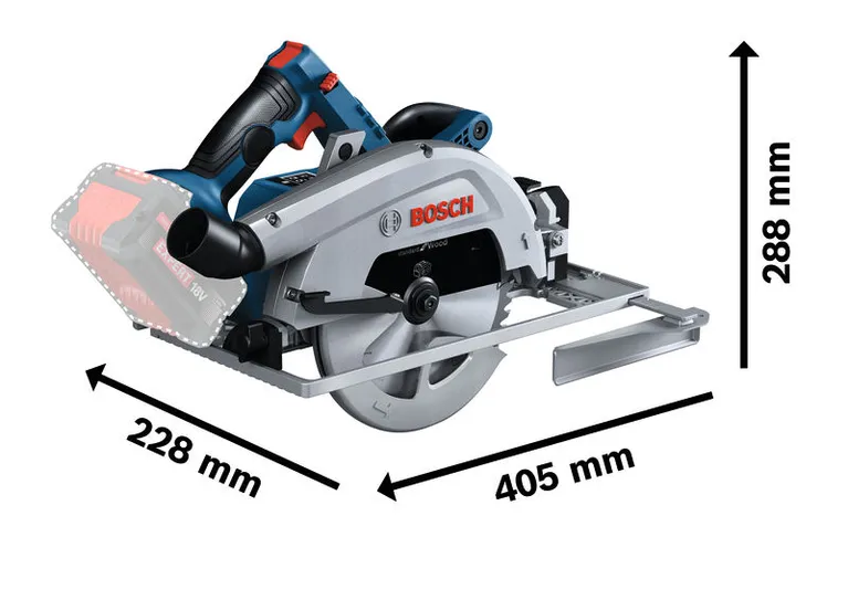 Bosch GKS 18V-68G circular saw with dimensional markings.