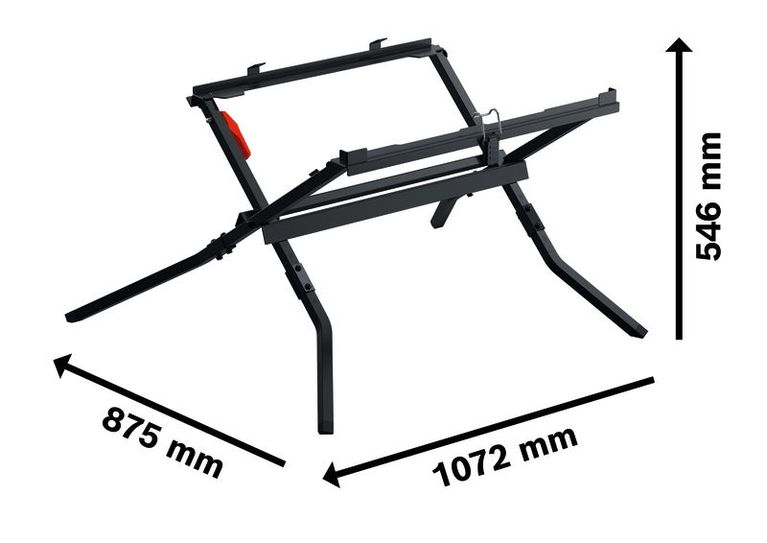 Black adjustable stand with dimensions.