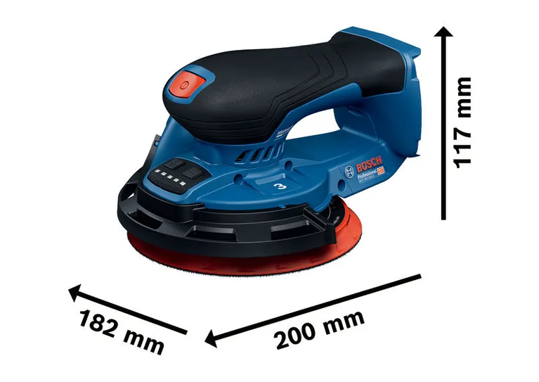 Bosch GEX 18V-150-3 cordless random orbit sander with dimensions.
