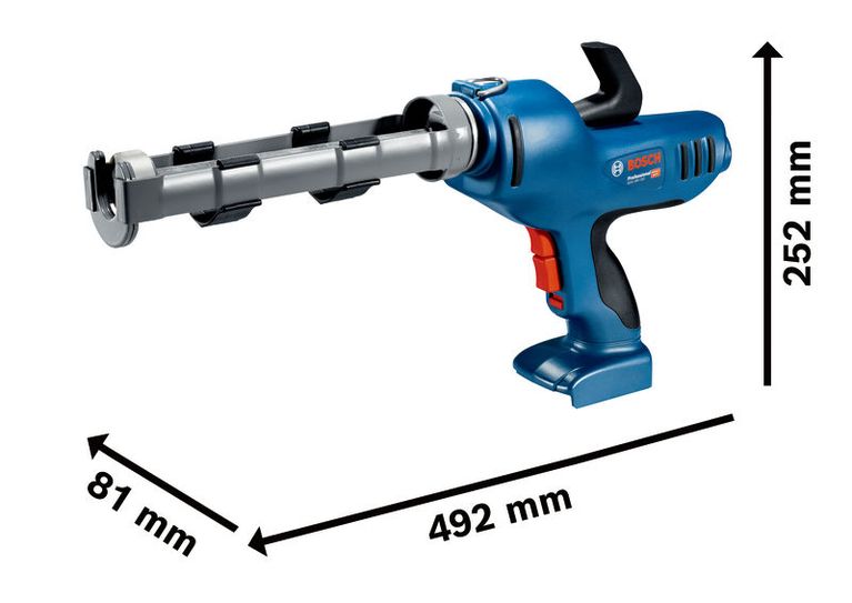 Bosch GCG 18V-310 cordless caulk gun with dimensions.