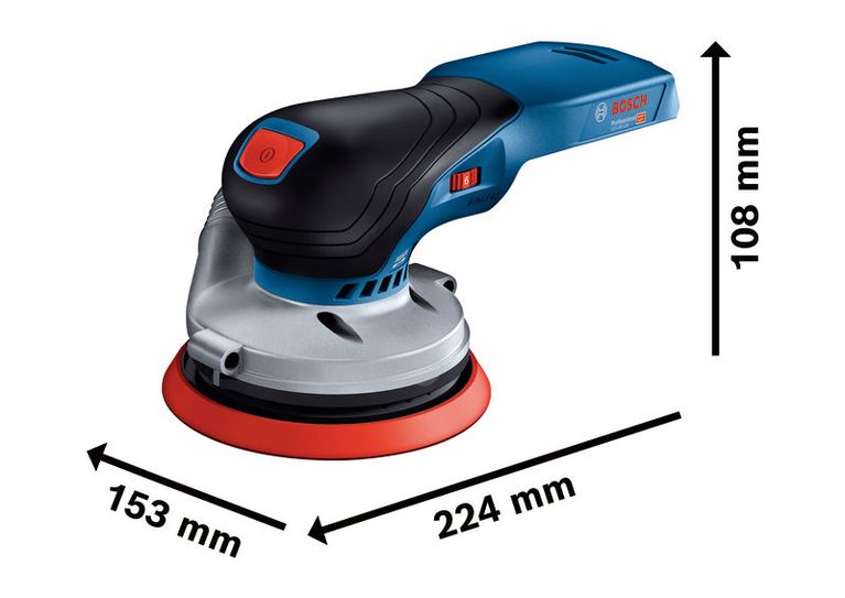 Bosch GEX 18V-125 cordless random orbit sander with dimensions.
