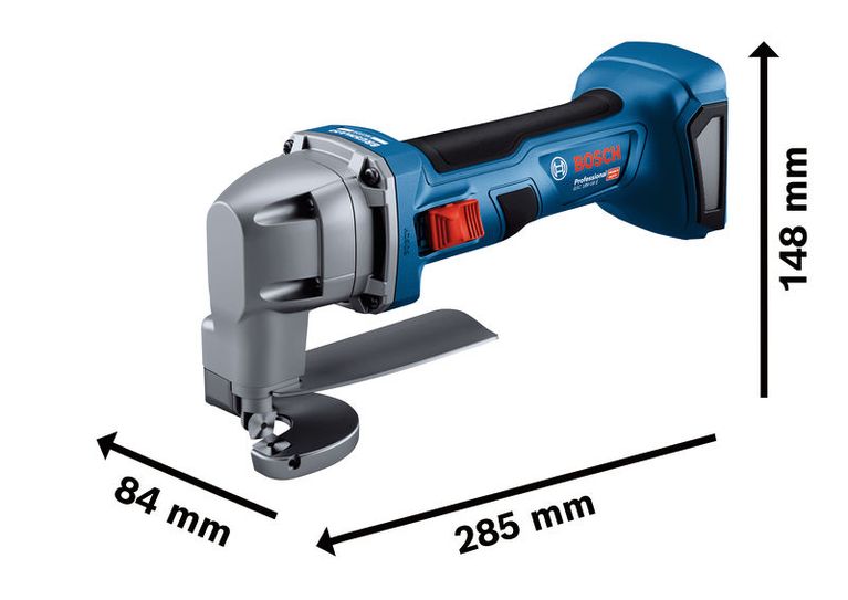 Bosch GSC 18V-16 E cordless metal shear with dimensions.