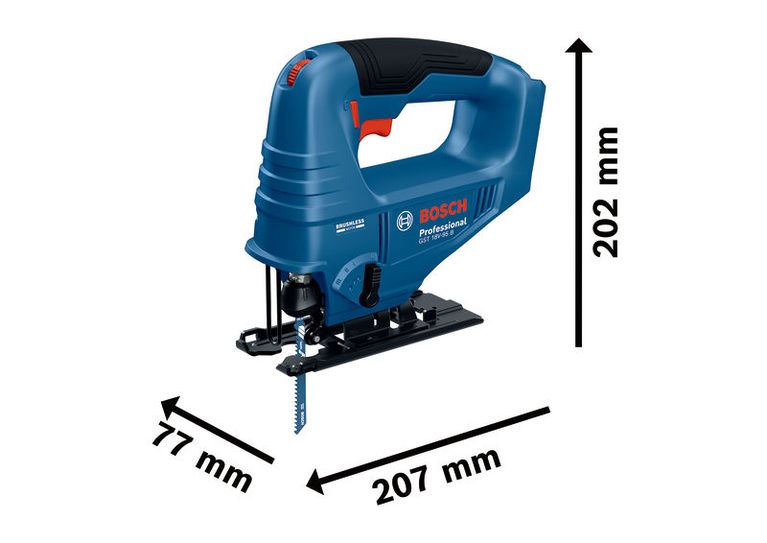Bosch GST 18V-95 B cordless jigsaw with dimensions.