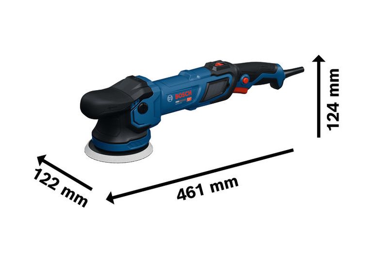 Bosch GPX9-125S polisher with dimensions shown.