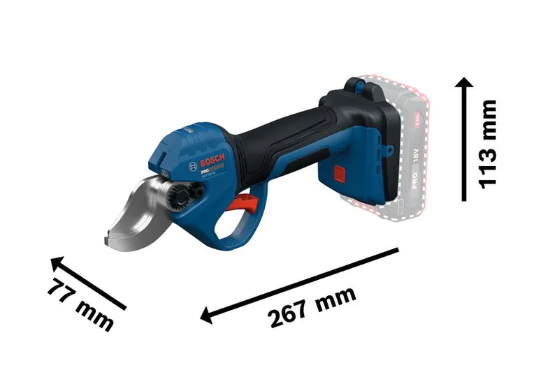 Bosch GGP18V-32 cordless pruner with size dimensions.