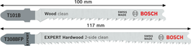 Bosch T101B and T308BFP jigsaw blades for clean wood and hardwood cuts.