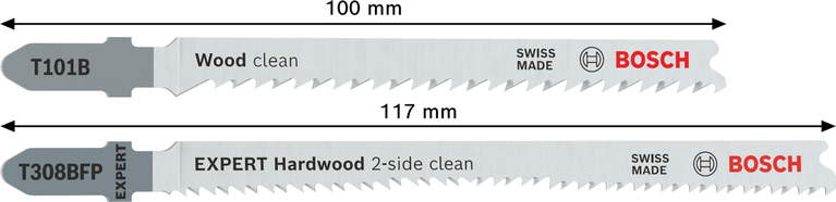 Bosch T101B and T308BFP jigsaw blades for clean wood and hardwood cuts.