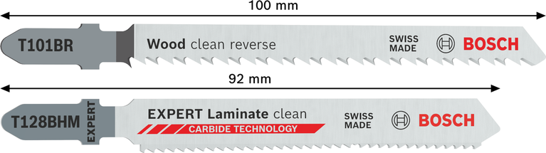Bosch T101BR and T128BHM jigsaw blades for wood and laminate.